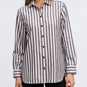 Foxcroft Women's Boyfriend No Iron Rainbow Lurex Stripe Shirt Black/white XS